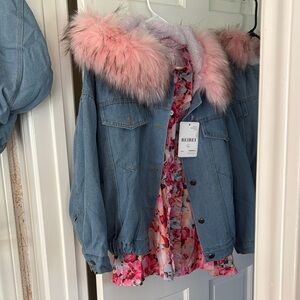 Denim Jacket with Pink Faux Fur Collar